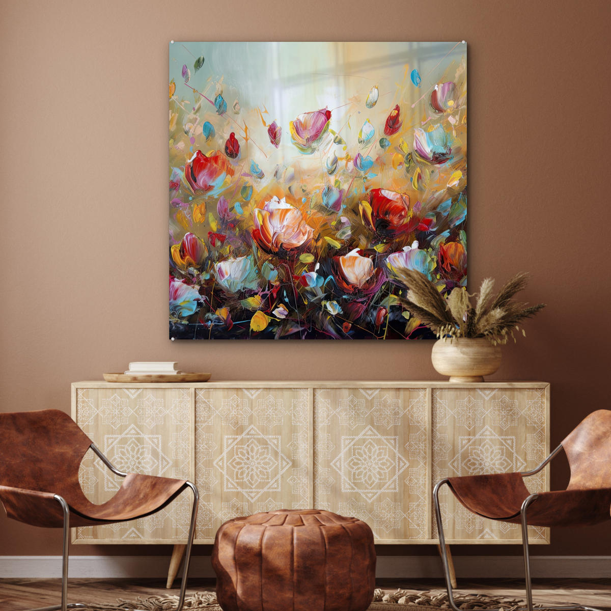 OBRAZ NA AKRYLOVOM SKLE Kvety - Umenie - Príroda - Olejomaľba 90x90 cm - viacfarebná, sklo (90/90cm) - MuchoWow