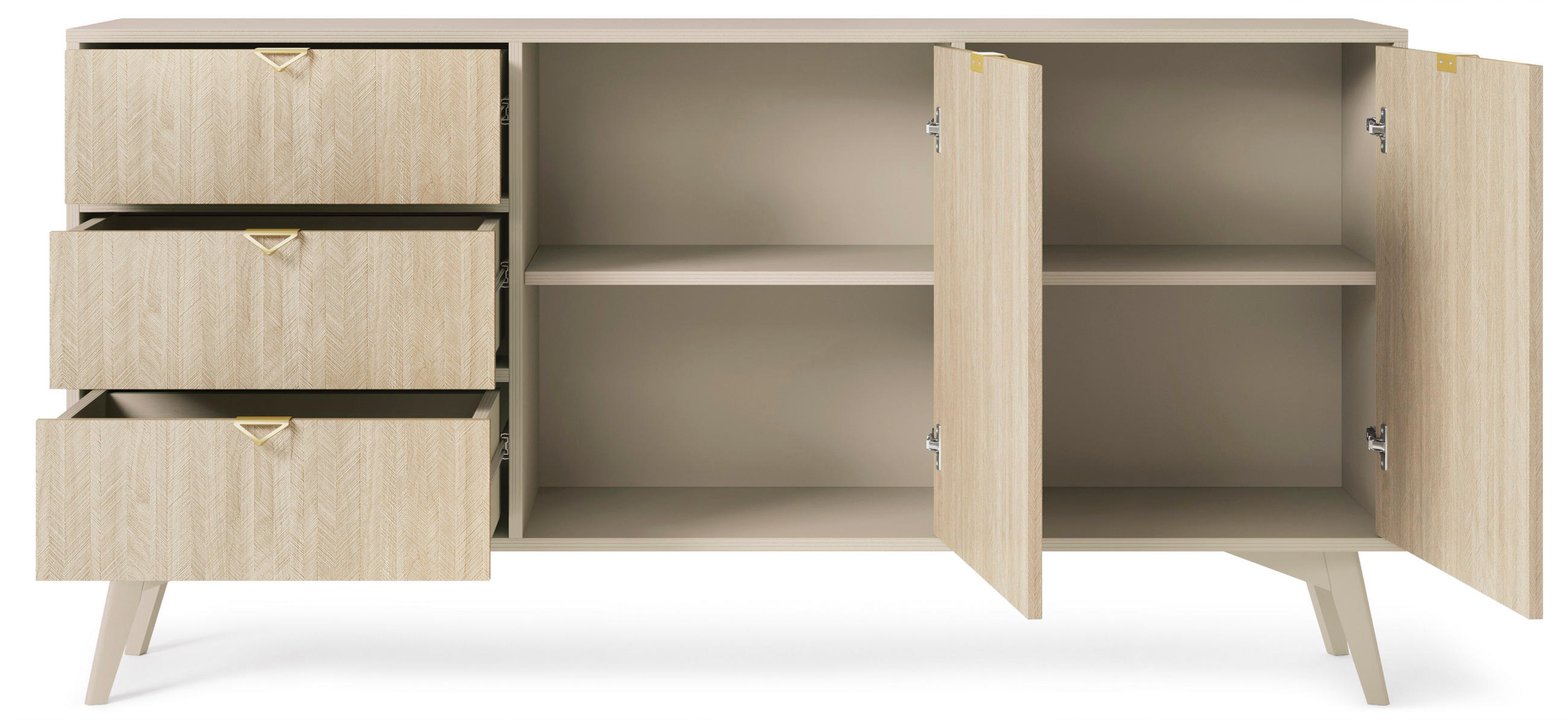 KOMMODE Silva 158 cm in Sandbeige + Scandi-Fischgrätmuster mit Türen und Schubladen - Beige/Goldfarben, Holz/Holzwerkstoff (158/81/38cm) - Ravio
