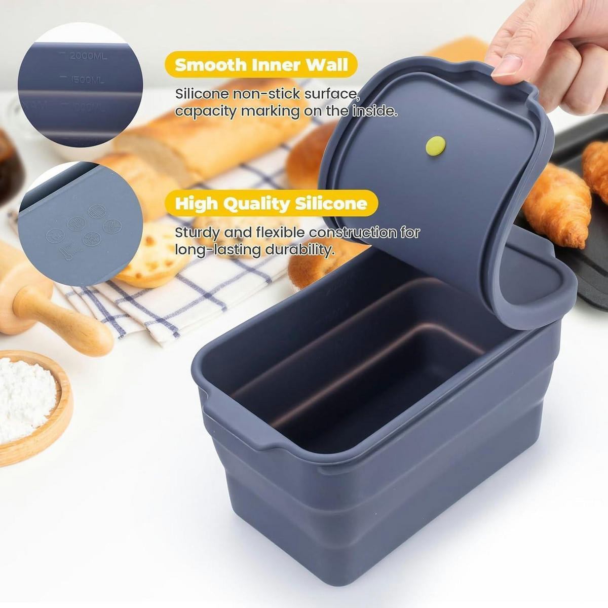 BROTBACKFORM Silikon faltbar mit Deckel 2000 ml - Anthrazit, Kunststoff (19/11/19cm)