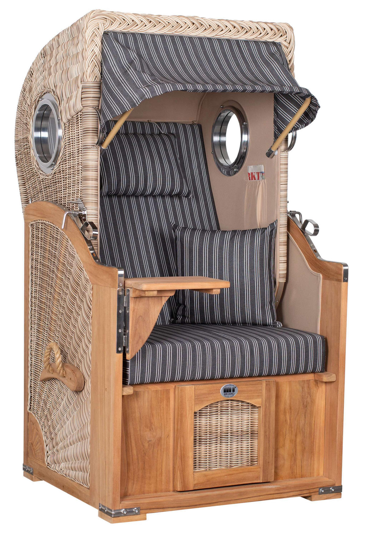 STRANDKORB Düne 1 Sitzer Teak PE Shell - Schwarz/Braun, Holz/Textil (96/165/80cm) - Mr. Deko