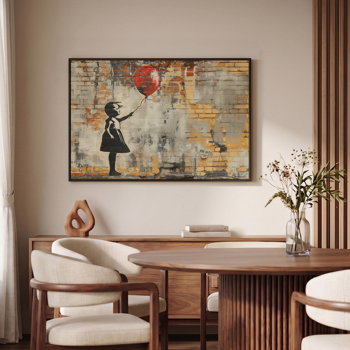LEINWAND Bilder mit Rahmen - Graffiti - Banksy - Mädchen - Straßenkunst - 90x60 - Sandfarben, Textil (90/60cm) - MuchoWow