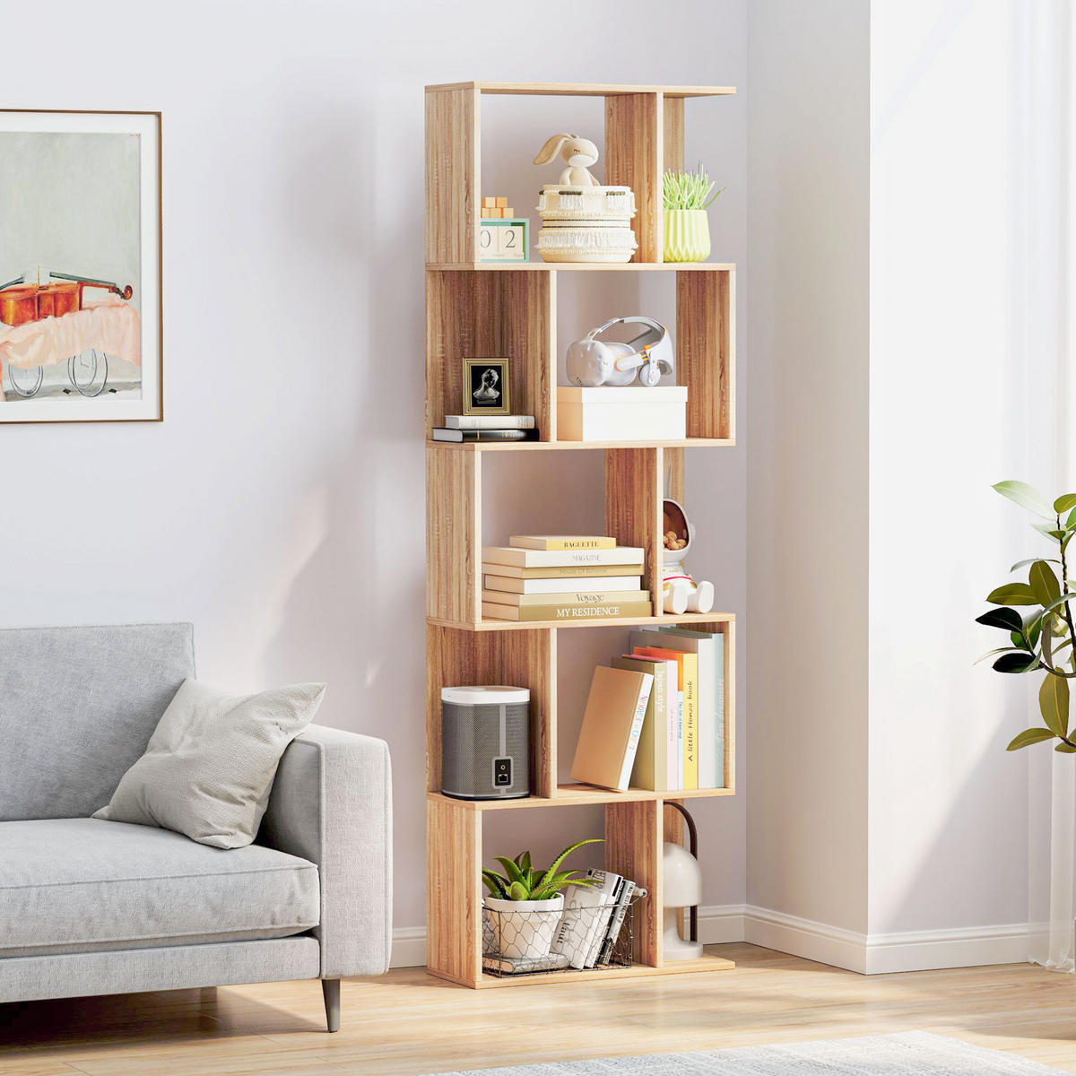 BÜCHERREGAL,5-STUFIG S-förmig 24x60x184,5cm,natur - Beige, Holzwerkstoff (60/184.5/24cm) - Vallsero