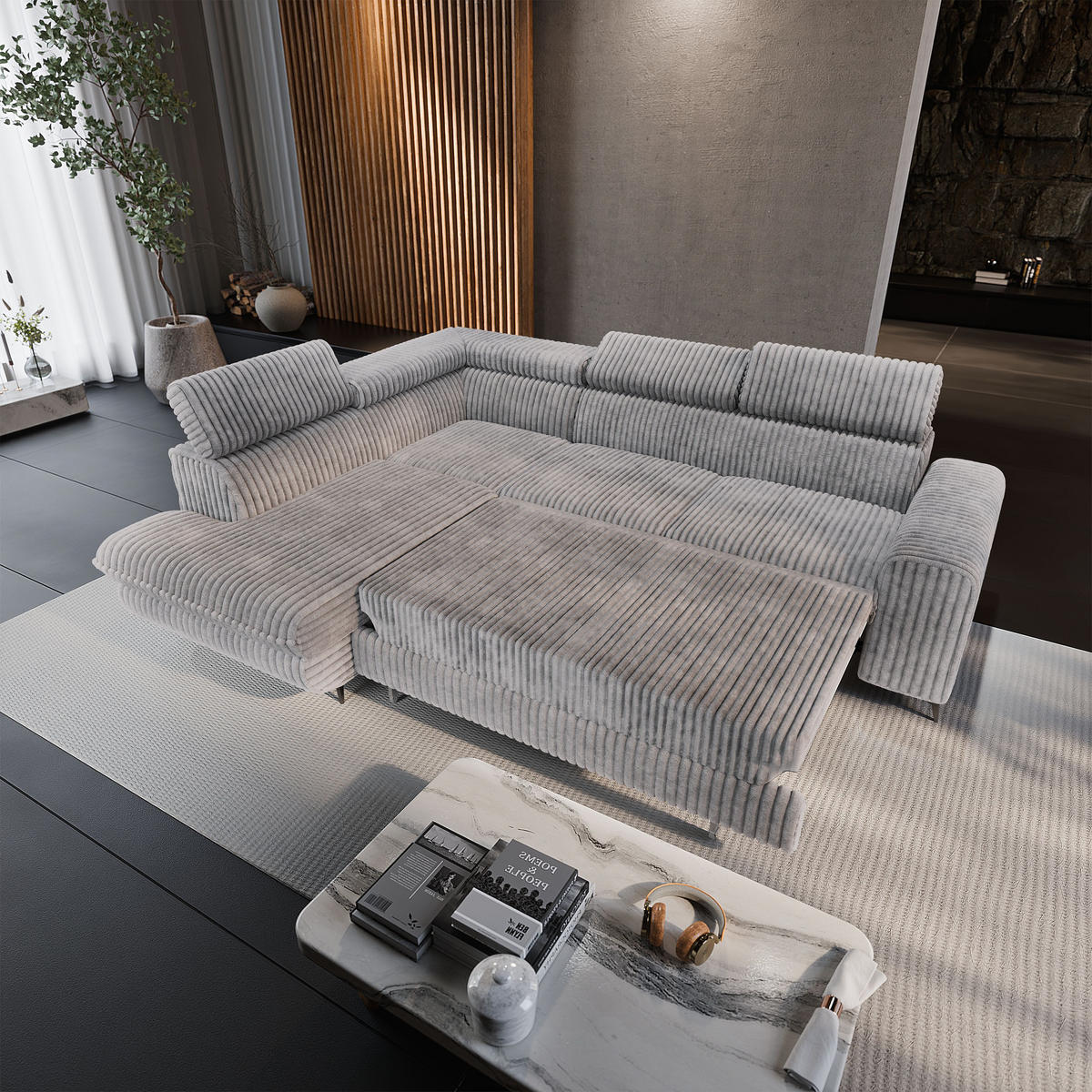 ECKSOFA VELISS Hellgrau Kordstoff mit Schlaffunktion - Grau, Holz (255/193cm) - MASSENO