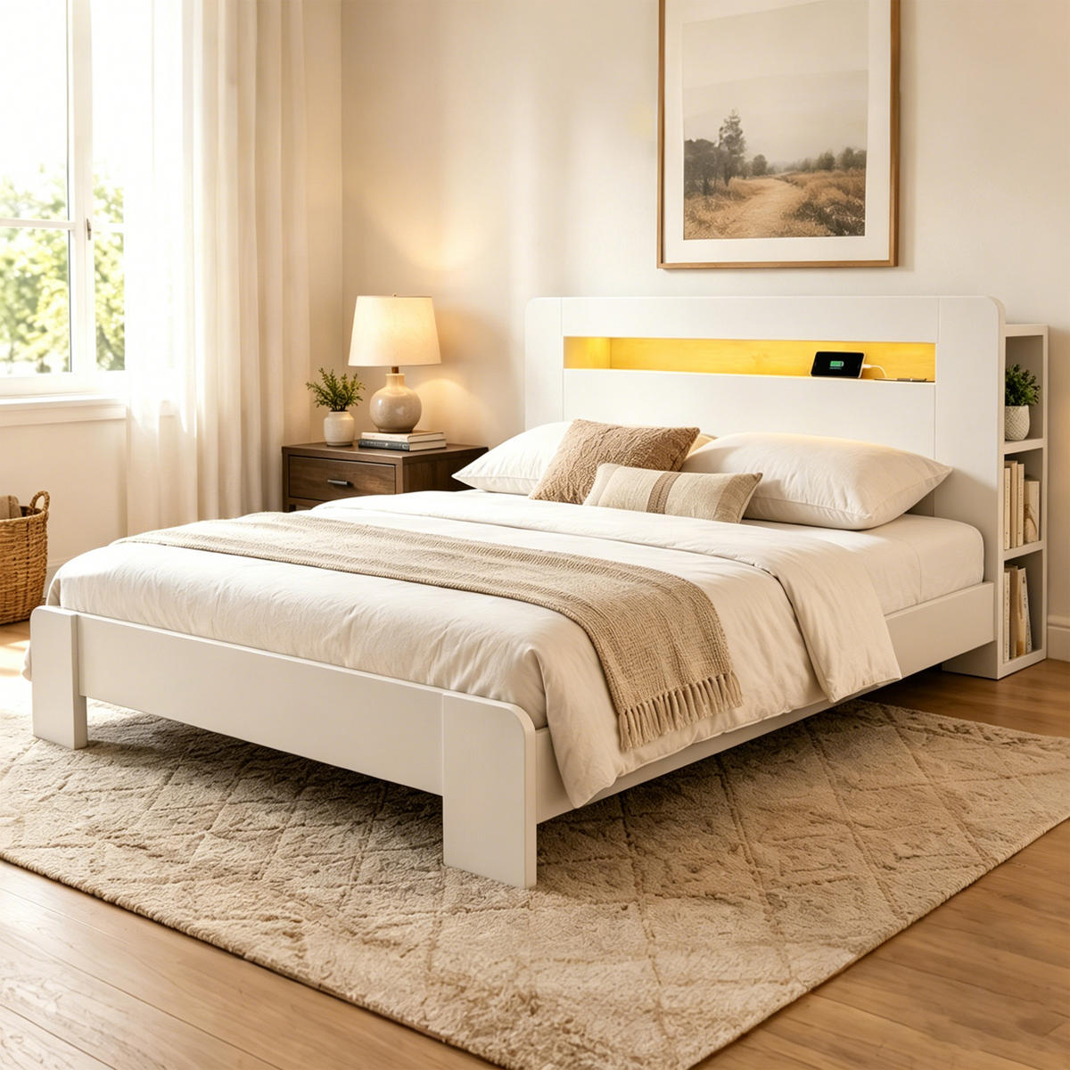 RAHMENBETT 140/200 cm in Weiß mit Stauraum, LED und Steckdosen - Weiß, Holz/Holzwerkstoff (140/200cm) - WISHDOR