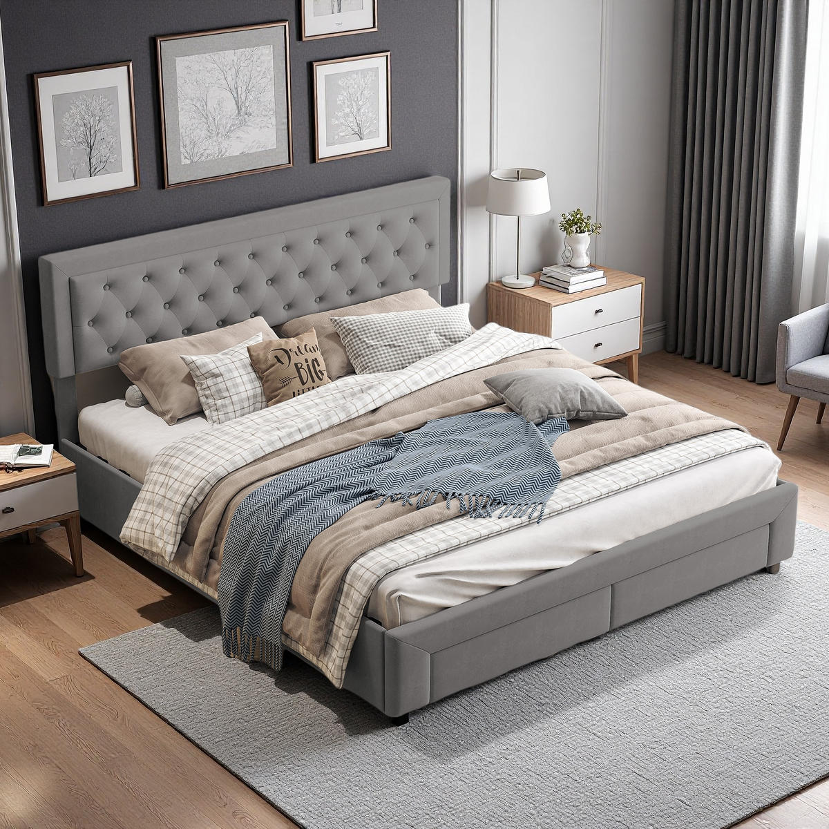 POLSTERBETT 180x200 cm Stauraum 2 Schubladen Lattenrost Samt grau - Grau, Holz (180/200cm) - LEBENLANG