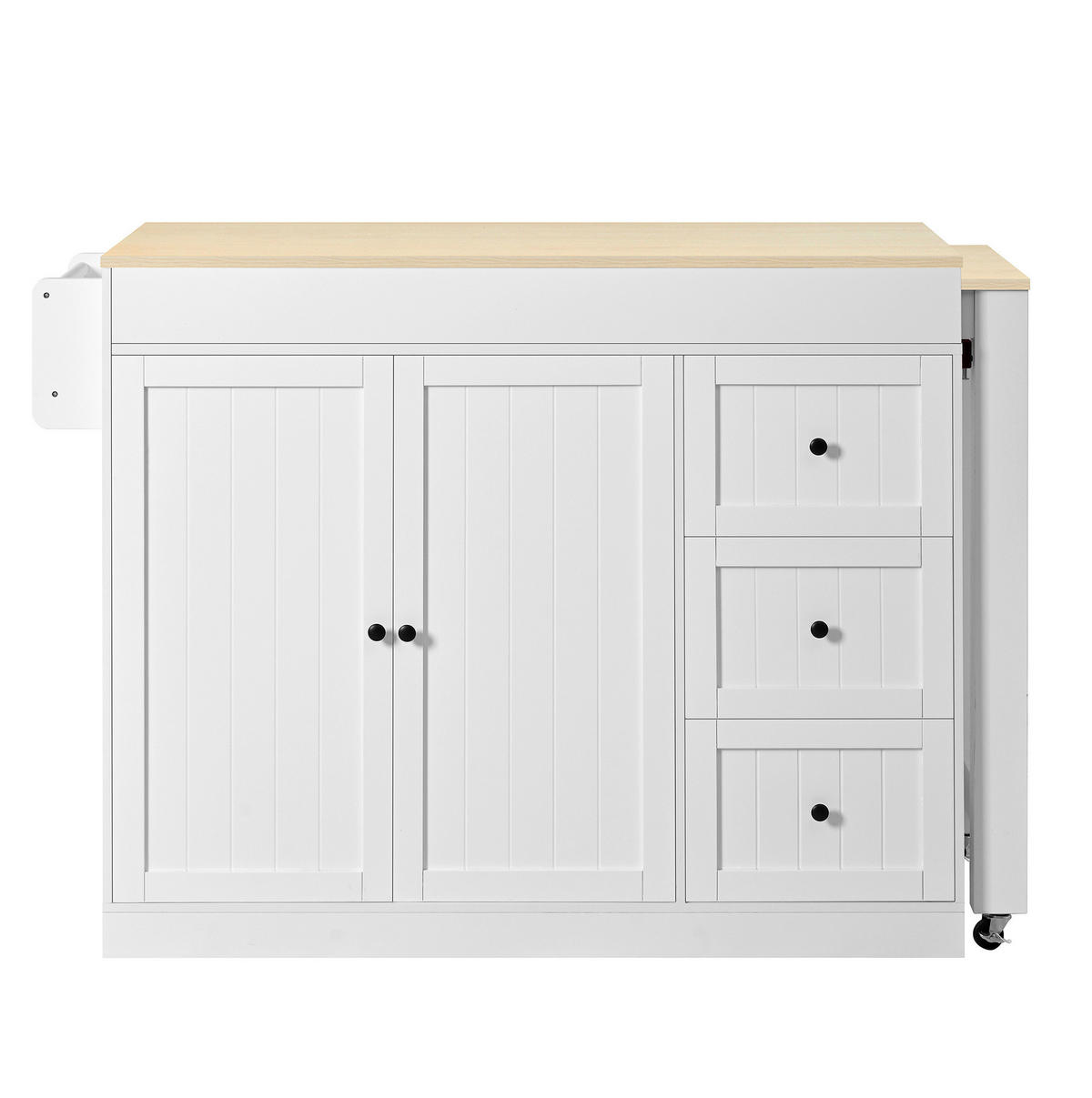 KÜCHENINSEL aus MDF und PB 112-186,8x45x93 cm Weiß mit ausziehbarer Arbeitsplatte, Rollen, Gewürzregal und 3 Schubladen - Weiß, Holzwerkstoff (130/93/45cm) - Modfu