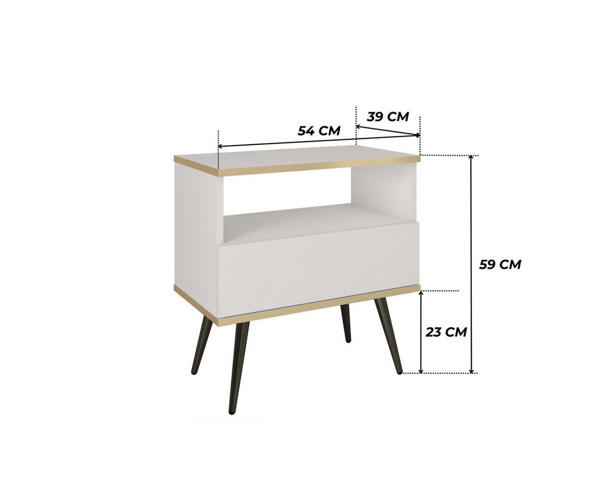 NACHTTISCH FORNO (Weiß, Goldene Details, 1 Schublade, offenes Fach, schwarze Metallfüße) - Schwarz/Weiß, Holz/Holzwerkstoff (54/59/39cm) - Ravio