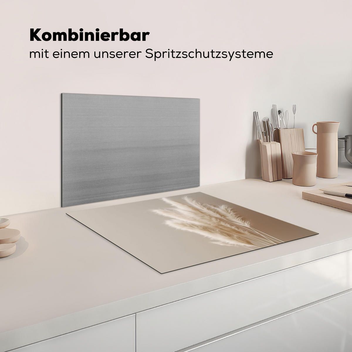 KRYT NA INDUKČNÍ DESKU Pampová tráva - Plumes - Pastelová - Bílá 59x51 cm - krémová, plast (59/51/0.2cm) - MuchoWow