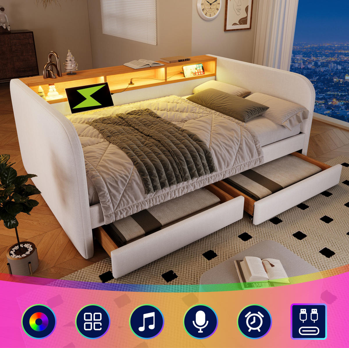 POLSTERBETT 140/190 cm Beige aus Leinen mit LED und Schubladen - Beige, Textil (140/190cm) - OKMYHOME