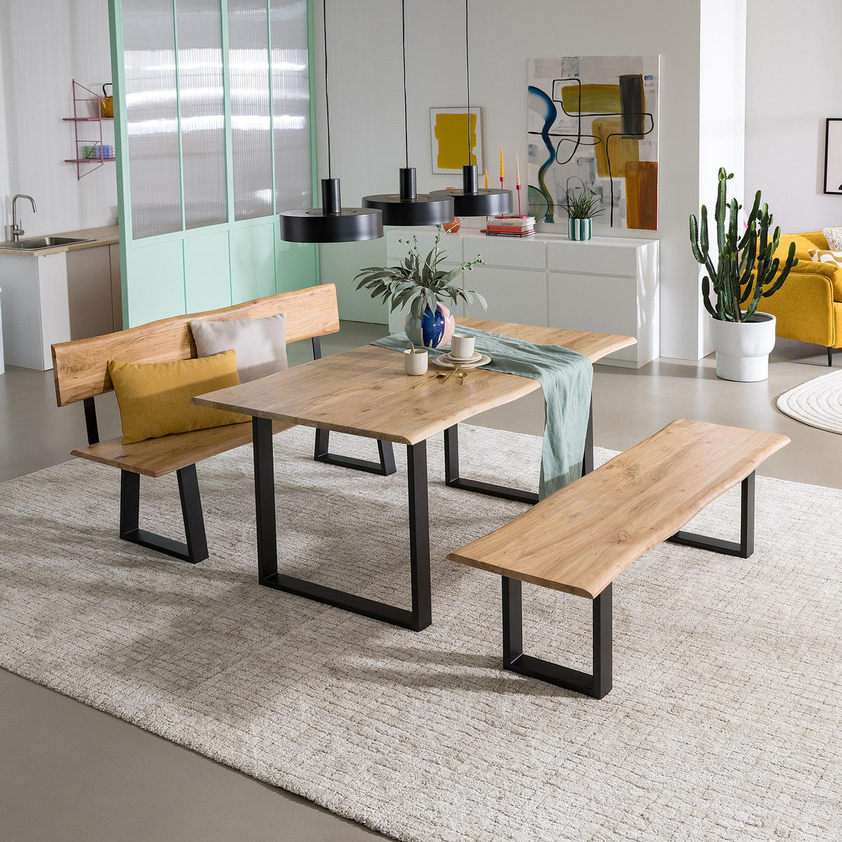 ESSTISCH mit Massivholzplatte - Akazie massiv / Eisen - Schwarz/Braun, Holz/Metall (80/120/76cm) - home24