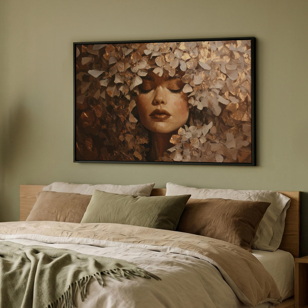 LEINWAND Bilder mit Rahmen - Gesicht - Dame - Blätter - Pinselstriche - 90x60 - Goldfarben, Textil (90/60cm) - MuchoWow