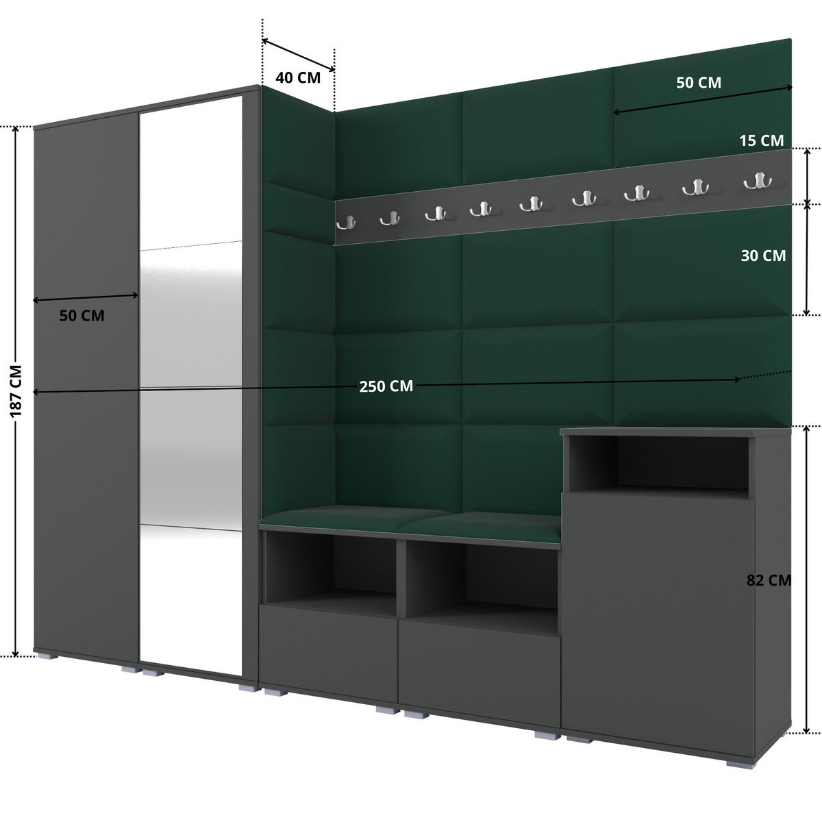 GARDEROBE NELA VIII 250 cm (Modulare Flurmöbel Graphit mit Spiegel & Sitzpolster Flaschengrün 28 Set XL) - Dunkelgrün/Silberfarben, Holz/Holzwerkstoff (250/187/40cm) - Ravio
