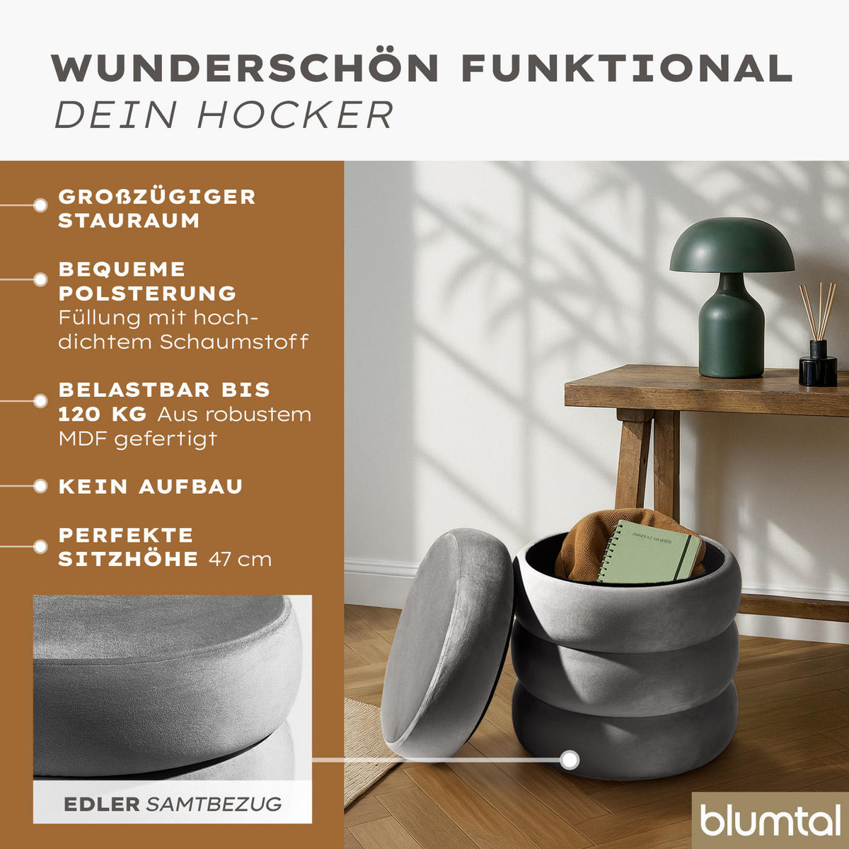 SAMTHOCKER mit Stauraum Rund – Samt Pouf Grau - Grau, Textil (42/47/42cm) - Blumtal