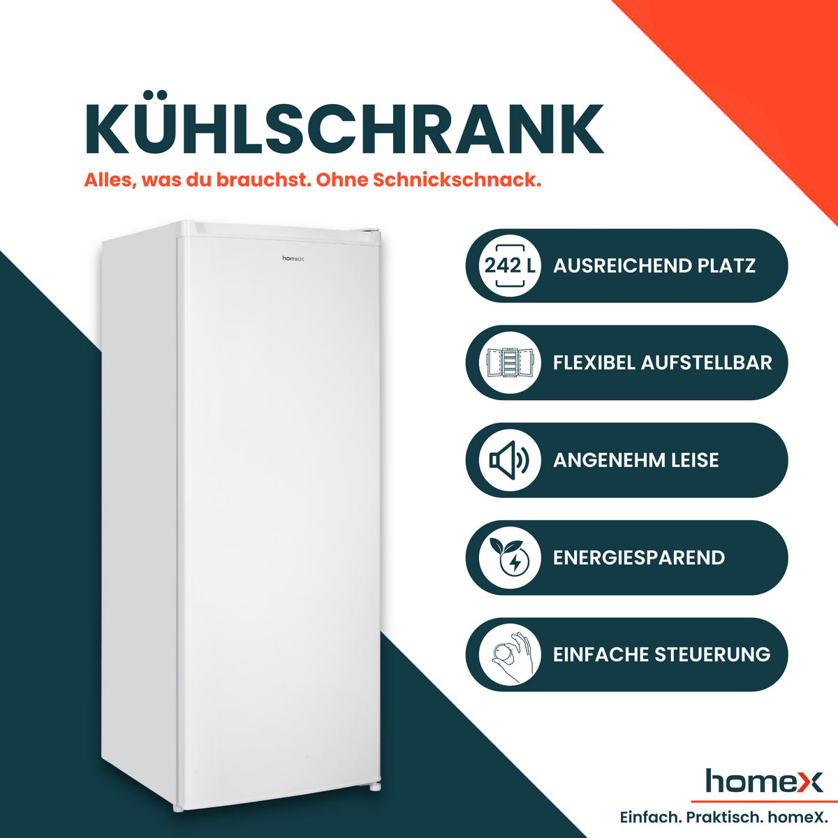 KÜHLSCHRANK ohne Gefrierfach groß - 242 Liter, freistehend, leise, weiß - Weiß, Kunststoff/Metall (54.4/142.6/55.6cm) - homeX