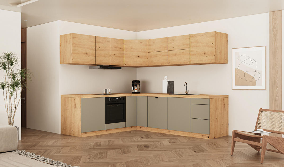WINKELKÜCHE 240 cm x 200cm- Langen KL25-M240 - in Beige / Artisan Eiche - Beige/Eiche Artisan, Holz (440/212/52cm)