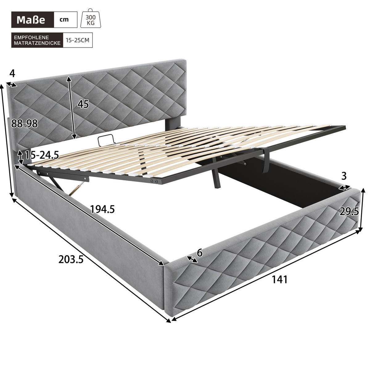 POLSTERBETT 140/200 cm mit Hydraulik, Lattenrost und Bettkasten aus Samt, Grau - Grau, Textil (140/200cm) - Redom