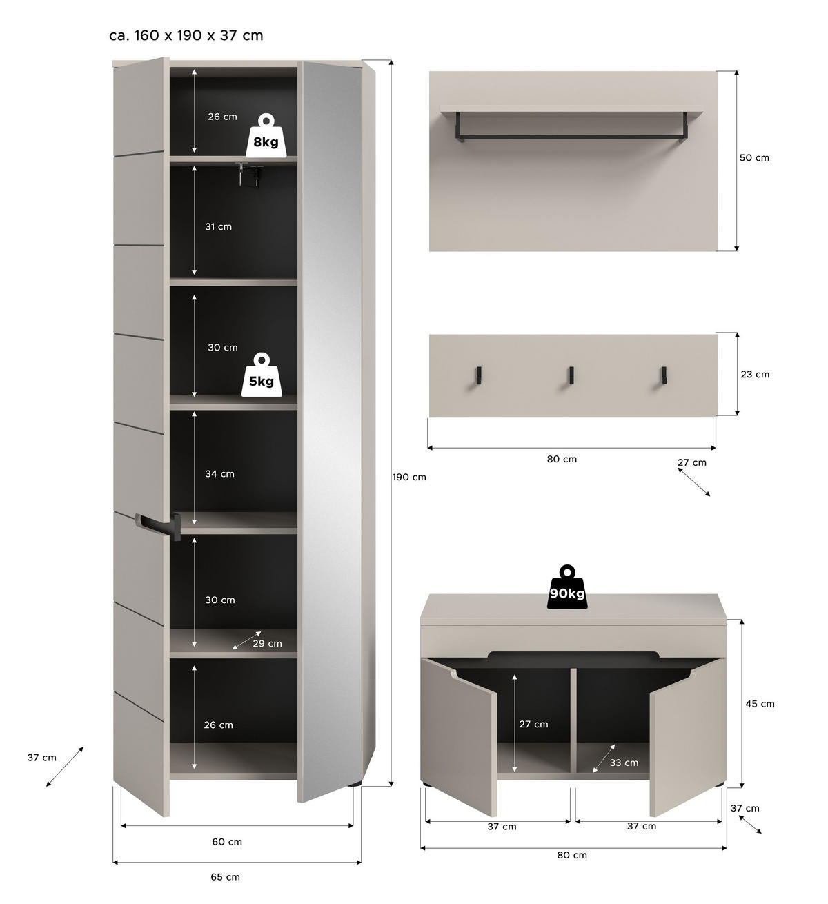 GARDEROBE Nova 3-tlg. (B/H/T: ca. 160/190/37 cm) in Basalt grau/weiß - Kaschmir, Holzwerkstoff (160/190/37cm) - Homes & Jones