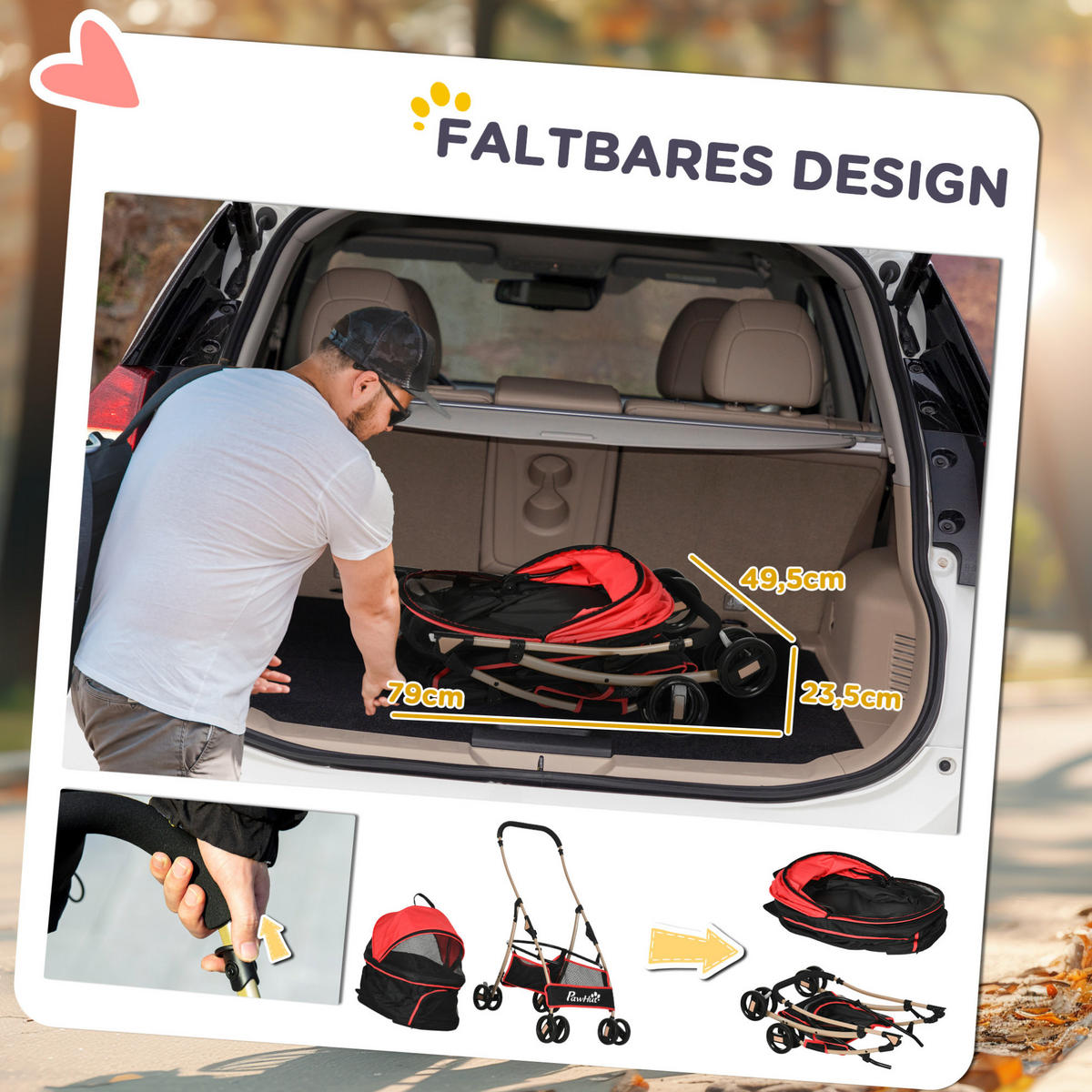 HUNDEWAGEN 2-in-1 faltbar in Rot mit Tragetasche und Bremsen - Rot, Textil (49.5/98/82cm) - BEAOK