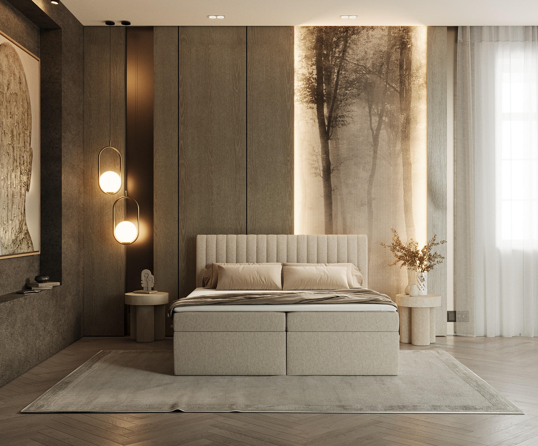 BOXBETT Maldon 140/200 cm Hellbeige im Megan Stoff - Sandfarben/Schwarz, Holz/Holzwerkstoff (140/200cm) - AltaBeds