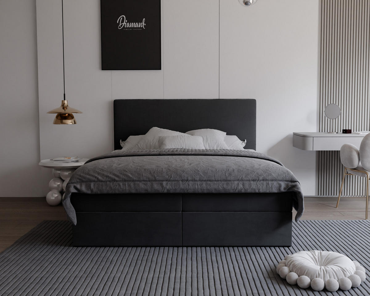BOXBETT GIULIA 160/200 cm mit Matratze und Topper, Schwarz - Schwarz, Textil (160/200cm) - Idohome