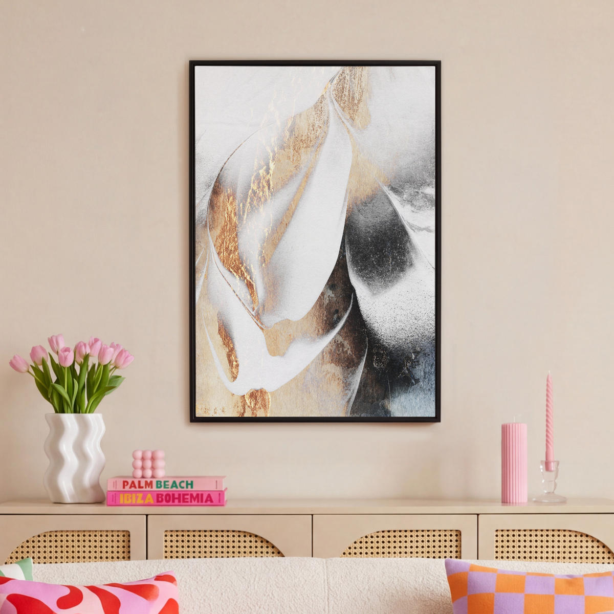 LEINWAND Bilder mit Rahmen - Luxus - Abstrakt - Gold - Weiß - 60x90 - Goldfarben, Textil (60/90cm) - MuchoWow
