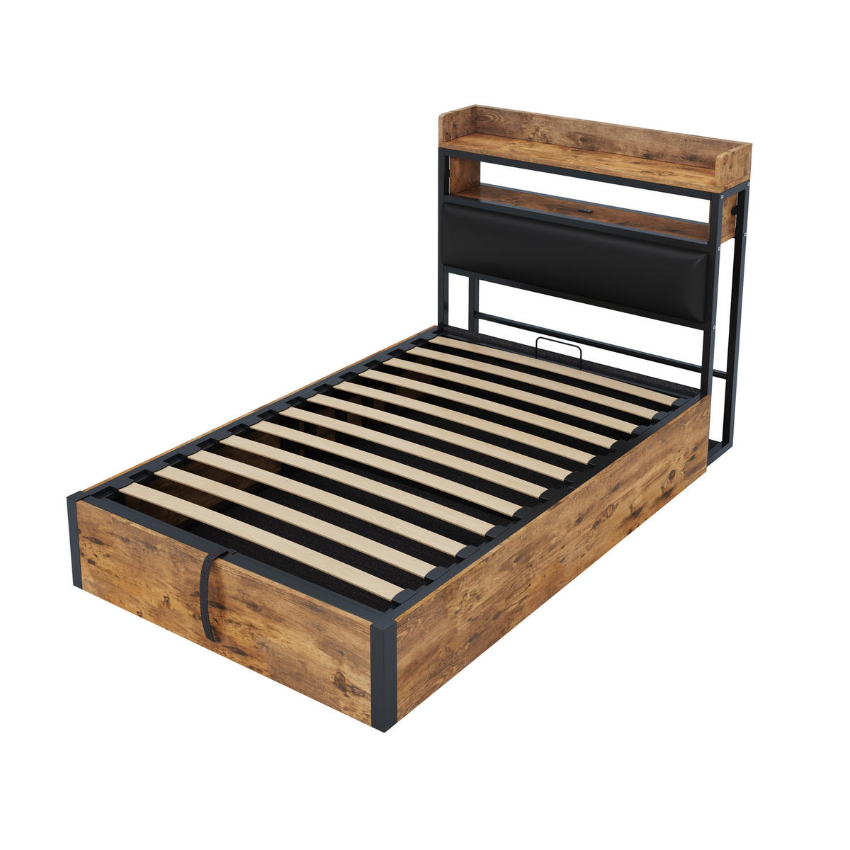 POLSTERBETT 90/200 cm in Schwarz mit Stauraum, USB und Regal - Schwarz, Holzwerkstoff/Textil (90/200cm) - WISHDOR