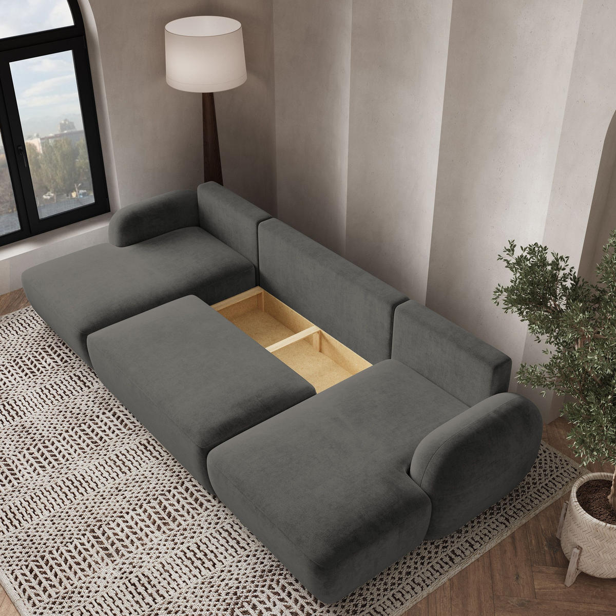 WOHNLANDSCHAFT SAVONA K Grau Plüsch-Stoff mit Schlaffunktion - Grau, Holz (320/90/148cm) - MASSENO