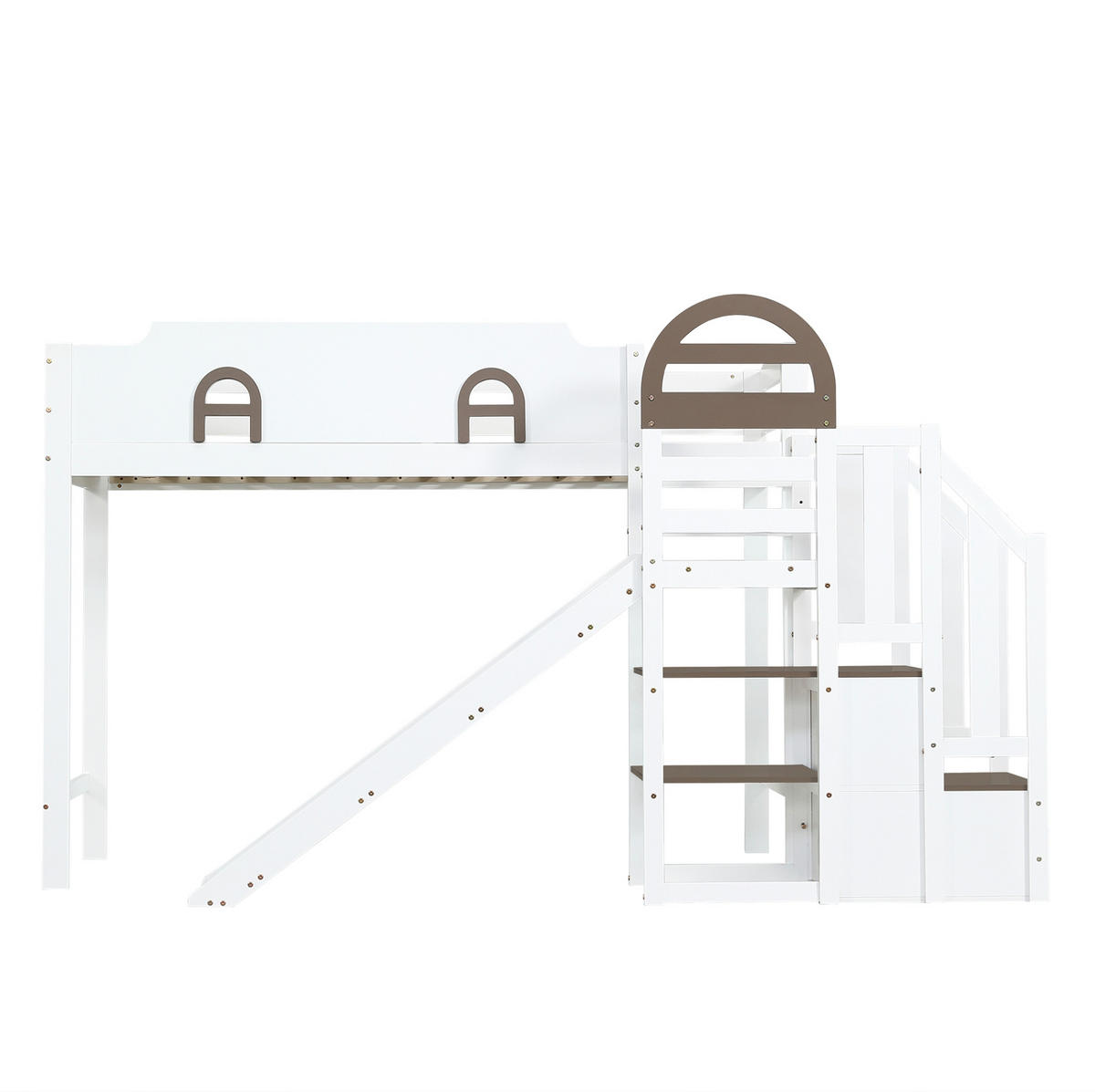 ETAGENBETT 90/200 cm mit Rutsche und Stauraumtreppe, Weiß - Weiß, Holzwerkstoff (90/200cm) - Flora Grace