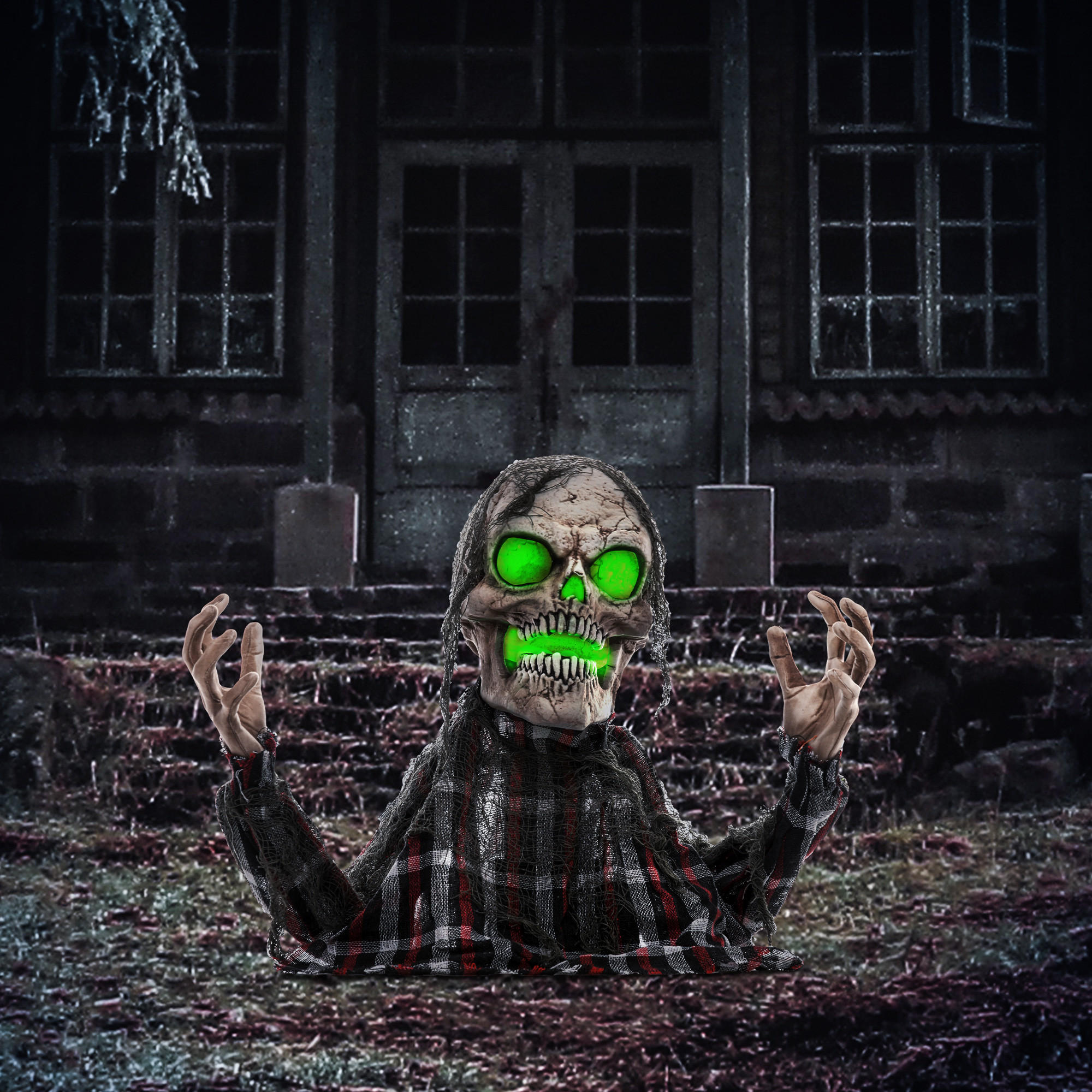 HALLOWEEN DECORATIONS 70cm Skelett Halbkörper Figur, Soundfunktion - Dunkelgrau, Kunststoff/Metall (40/70/16cm) - HOMCOM