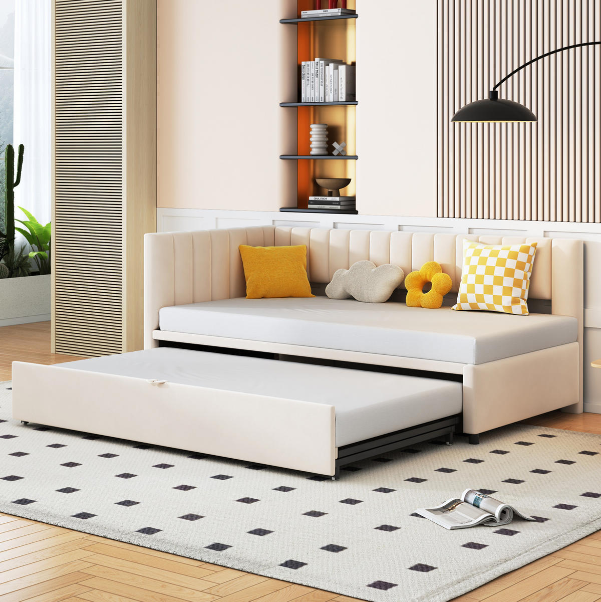 POLSTERBETT 90/180 cm Beige mit Ausziehbett und Samtbezug - Beige, Textil (90/180cm) - OKWISH