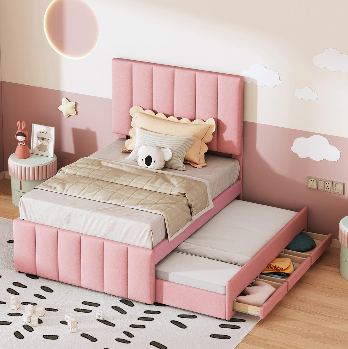 POLSTERBETT 90/200 cm aus Leinen mit Rollbett und 3 Schubladen Rosa - Pink, Textil (90/200cm) - Modenvie