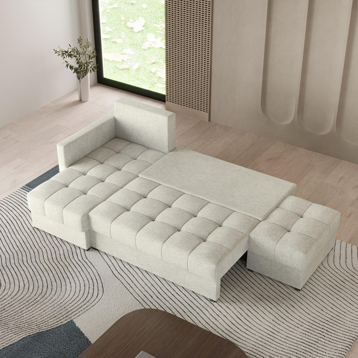 ECKSOFA LUMARI L-S Creme Plüsch-Stoff mit Schlaffunktion - Creme, Holz (261/143cm) - MASSENO