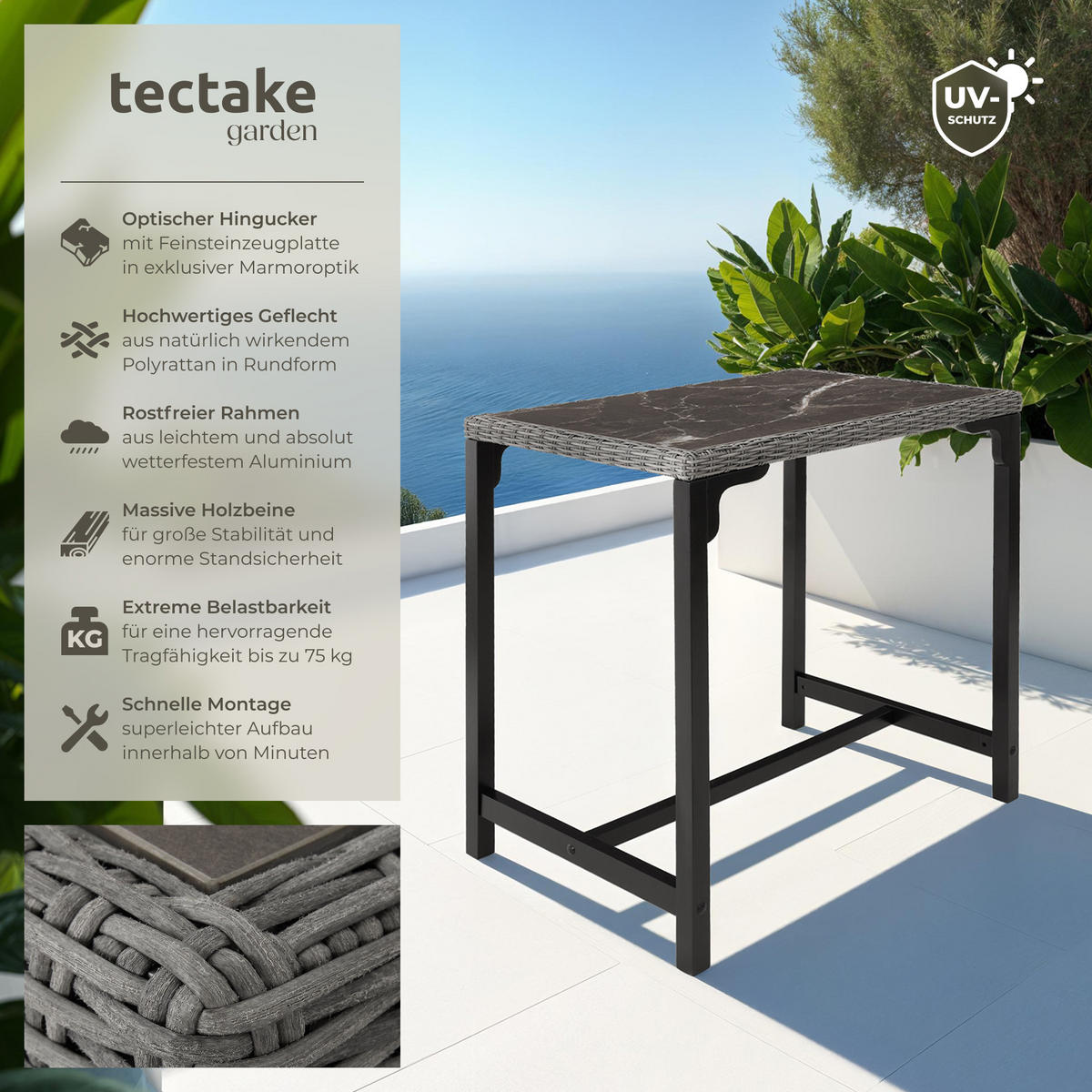 RATTAN BARTISCH Kutina,96 x 65 x 100 cm,grau - Grau, Kunststoff (96/65/100cm) - tectake