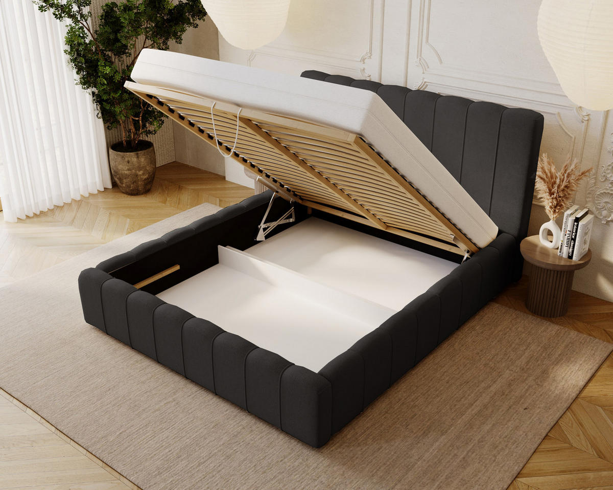 POLSTERBETT 140x200 mit Lattenrost, Bettkasten, Lisbon, Schwarz - Schwarz, Holz/Textil (140/200cm) - Emporius