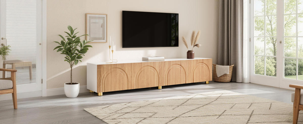 TV-LOWBOARD Natur/Weiß 180/35/40 cm, 4 Türen, Bogenrelief, Metallfüße - Naturfarben, Holzwerkstoff (180/40/35cm) - PANGIVO