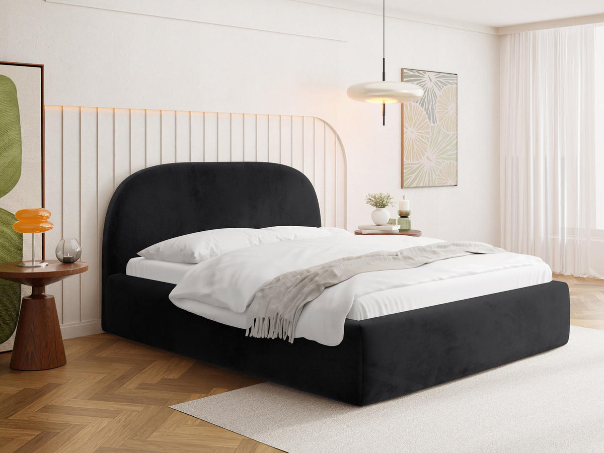 POLSTERBETT Puro mit Bettkasten, Schwarz Samt 120 x 200 cm – mit Metall-Lattenrost - Schwarz Hochglanz/Birkefarben, Kunststoff/Textil (120/200cm) - WFL GROUP