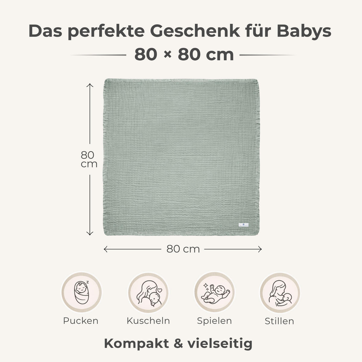 MUSSELINDECKE Babydecke Einschlagdecke Puckdecke Säuglingsdecke Stilltuch - Mintgrün, Textil (80/80cm) - nordic coast company