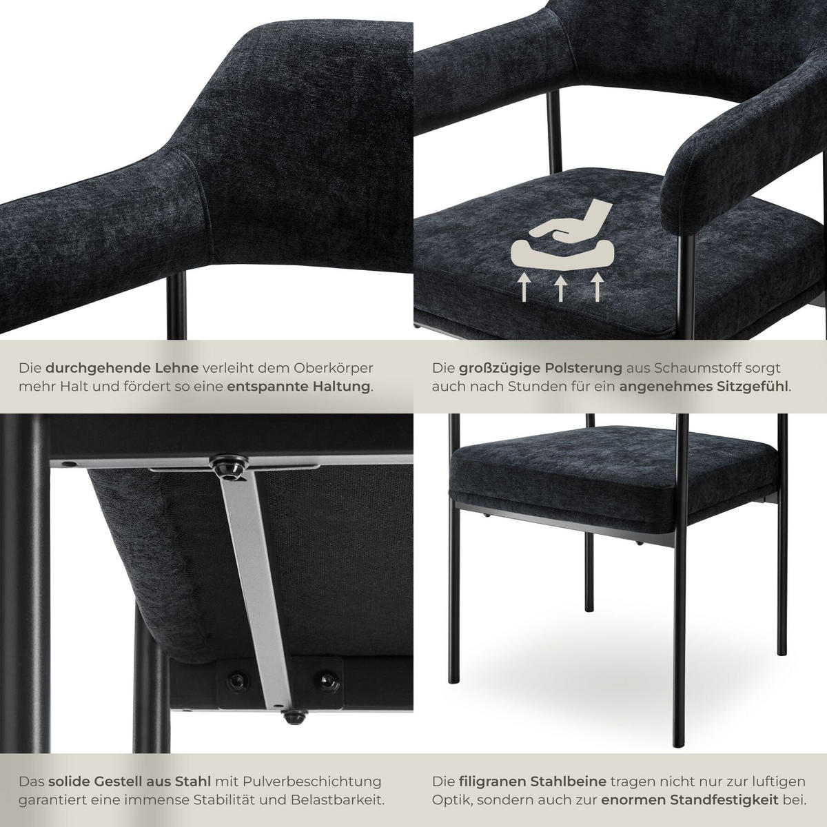 ARMLEHNSTUHL 2er Set Doé 58 x 62 x 85 cm Webstoff schwarz/schwarz - Schwarz, Textil (58/85/62cm) - tectake