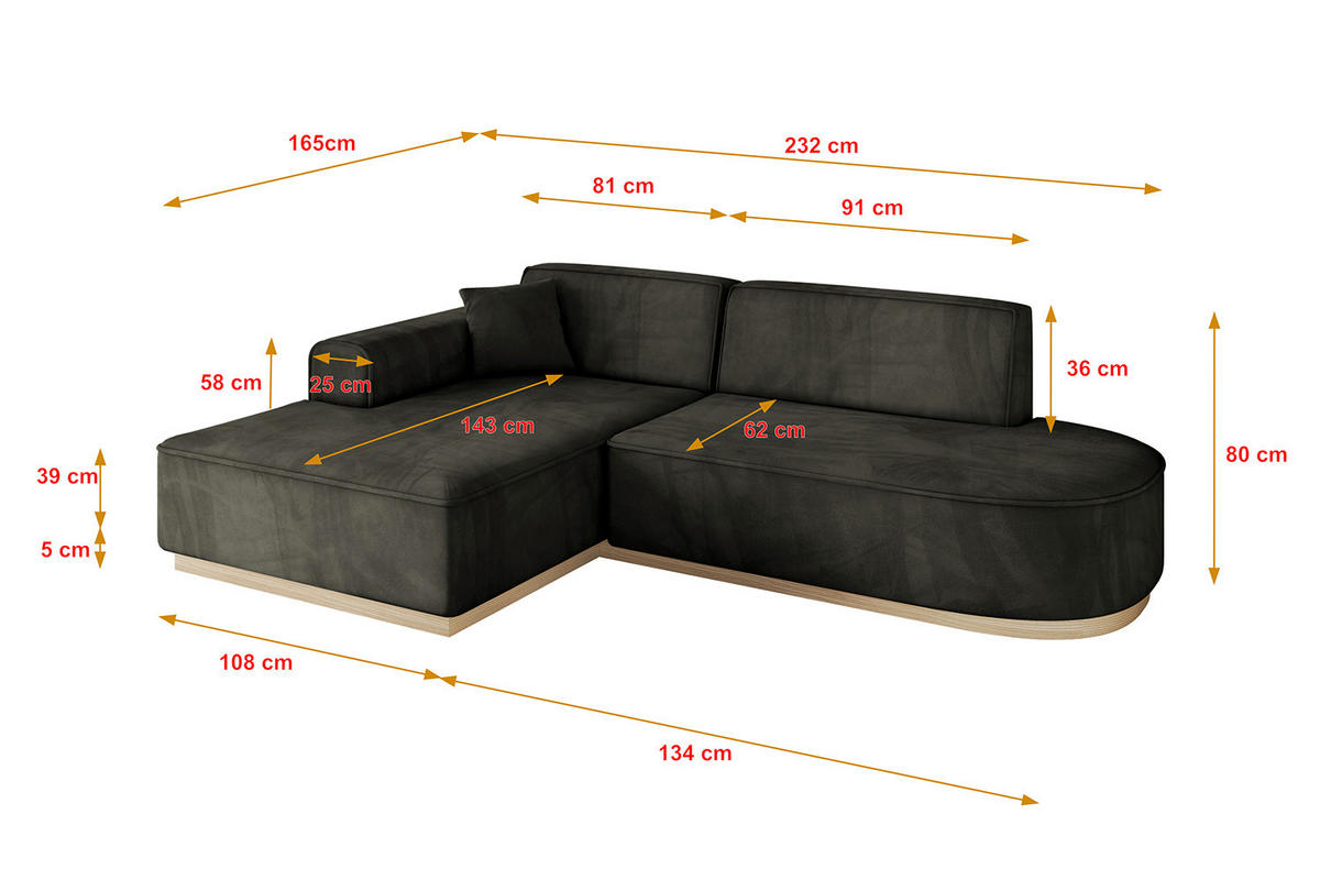 ECKSOFA Ottomane Links IREA-L1 - 232x165x80 cm Schwarz - Schwarz, Holzwerkstoff/Textil (232/165cm) - ALTDECOR