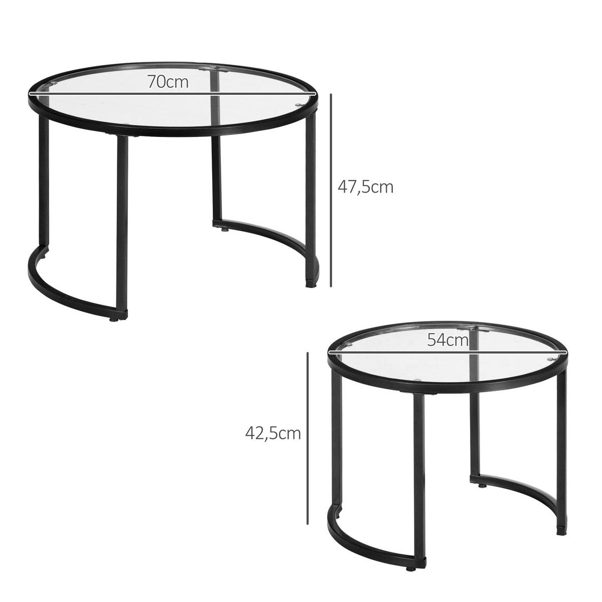 COUCHTISCH 2er-Set, Beistelltisch mit Stahlgestell, Kaffeetisch, Schwarz - Schwarz, Glas/Metall (70/70/47.5cm) - HOMCOM