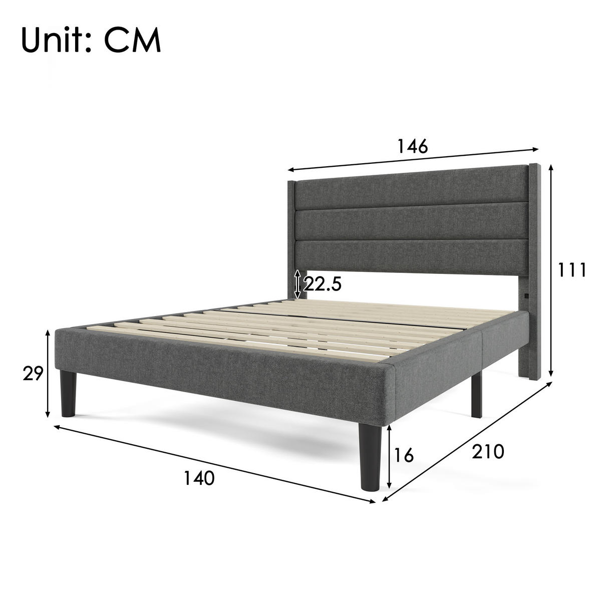 BETT mit Matratze 140x200 cm Leinen Dunkelgrau - Dunkelgrau, Metall (140/200cm) - Meubliv