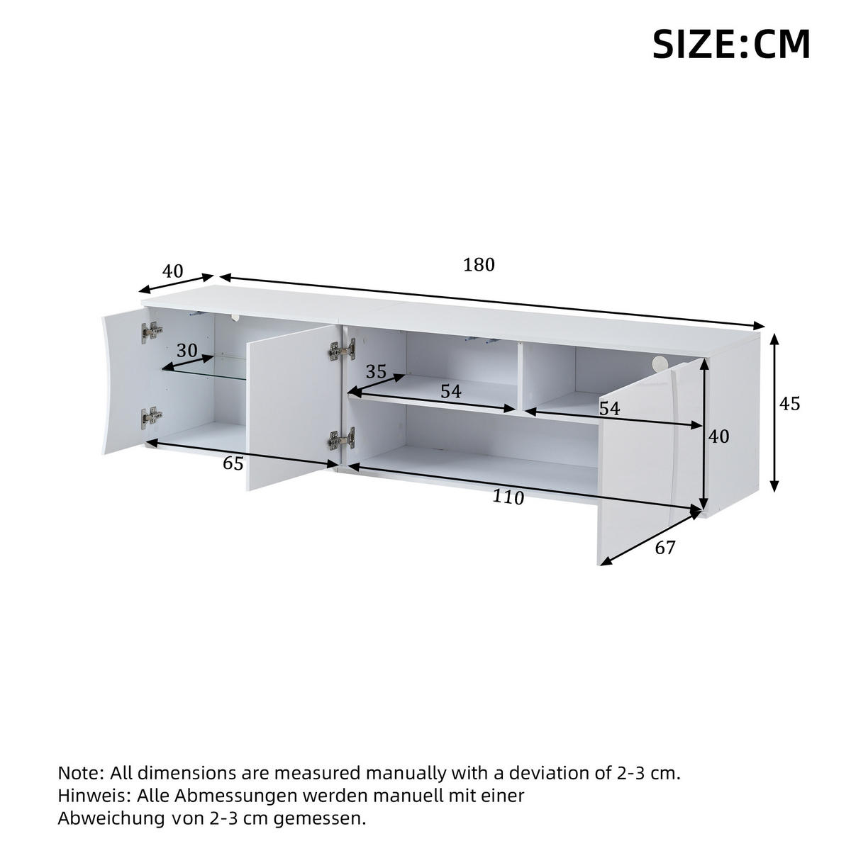 TV-ELEMENT mit 3 Türen und LED 180 x 40 x 45 cm Weiß - Weiß, Holzwerkstoff (40/45/180cm) - Beauniv