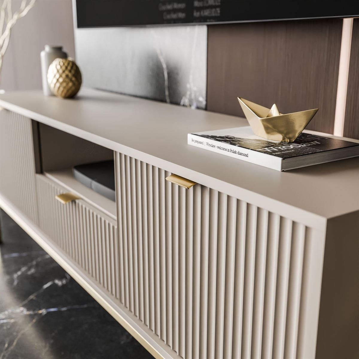 TV-ELEMENT CORTADO GOLD RTV154 KASCHMIR - Beige, Holzwerkstoff (154/56/39cm) - Lookway