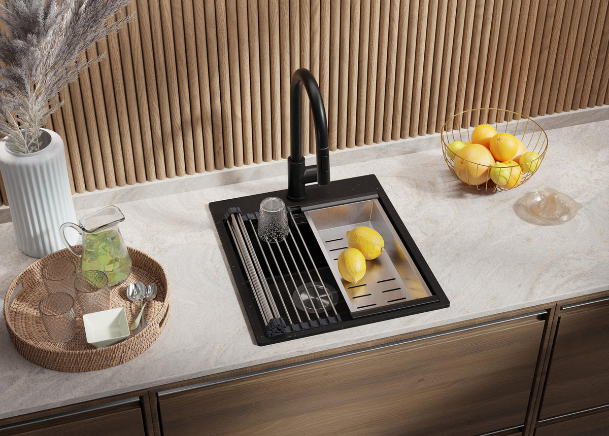 SPÜLBECKEN Oslo, 2-er set Schwarz Metallic 43/50 cm 1 Becken + Ablauf-Set + Schneidebrett ab 45er Unterschrank - Chromfarben/Schwarz Hochglanz, Kunststoff (43/20/50cm) - Primagran