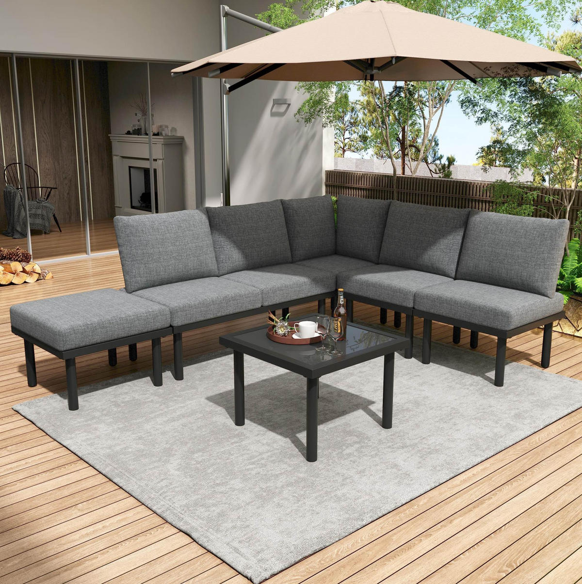 ZAHRADNÍ lounge set šedý z olefinu s pozinkovaným železem a skleněnou deskou - šedá, kov - OKWISH
