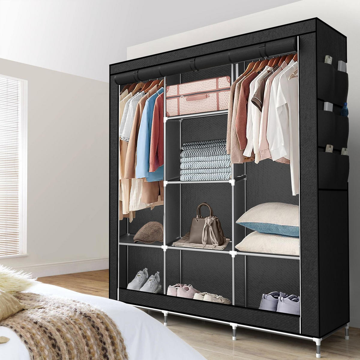 STOFFSCHRANK - Schwarz, Textil (45/175/130cm) - Intirilife