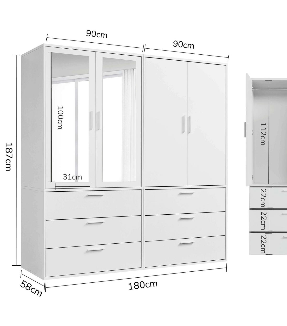 KLEIDERSCHRANK mit Spiegel Der Grenzenlose - Weiß, Holzwerkstoff (180/187/58cm) - Mokebo