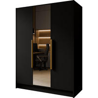 KLEIDERSCHRANK Mono Lux mit Speigel, Drehtüren mit Goldene Metallgriffe, Schwarz 150/200/51 cm - Schwarz, Holzwerkstoff (150/200/51cm) - WFL GROUP