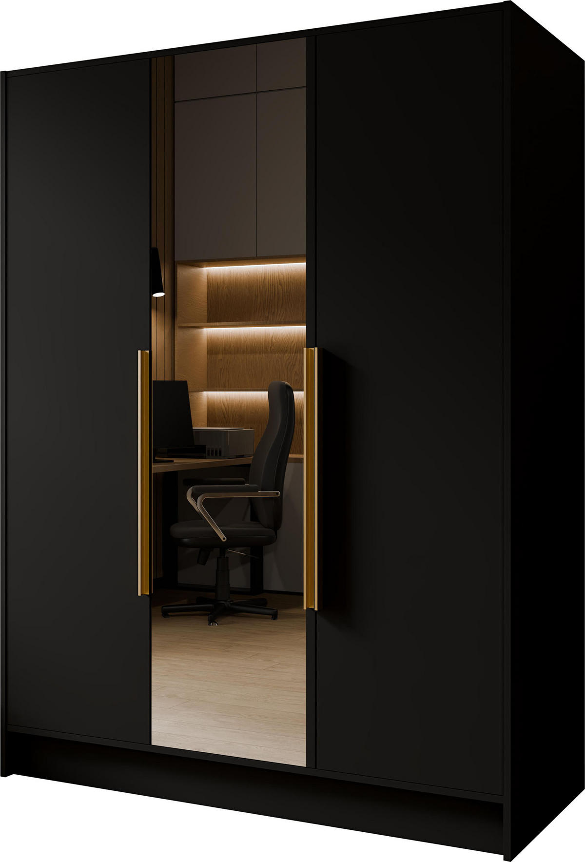 KLEIDERSCHRANK Mono Lux mit Speigel, Drehtüren mit Goldene Metallgriffe, Schwarz 150/200/51 cm - Schwarz, Holzwerkstoff (150/200/51cm) - WFL GROUP