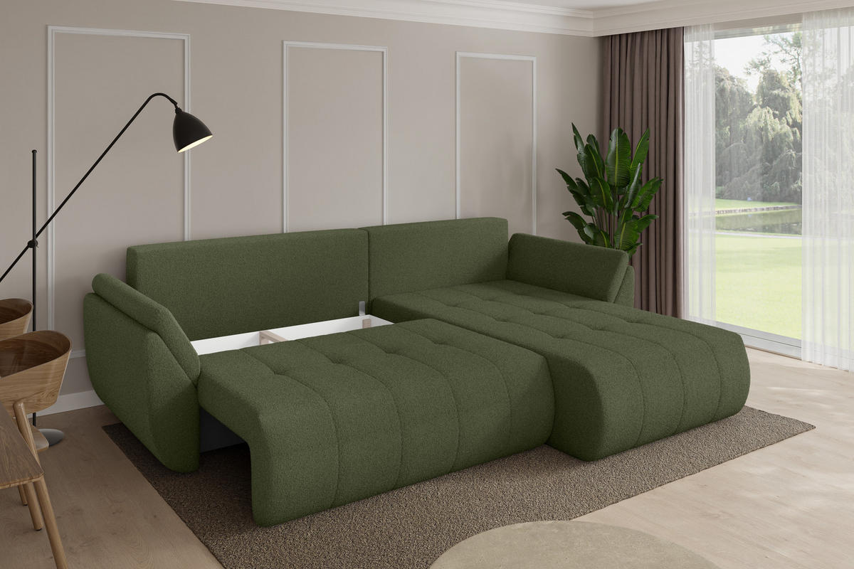 ROHOVÁ SEDAČKA s funkcí spaní, otoman vpravo TOKO-L 277x194x86 zelená bouclé - černá/zelená barva, kompozitní dřevo/textil (277/194cm) - ALTDECOR